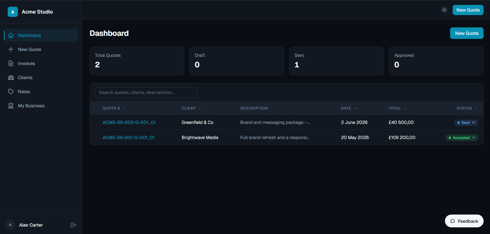 The QuoteCraft dashboard