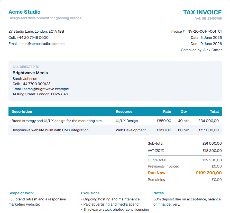 A branded invoice in QuoteCraft